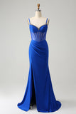 Sparkly Royal Blue Mermaid Beaded Corset Long Ball Dress with Slit