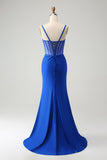 Sparkly Royal Blue Mermaid Beaded Corset Long Ball Dress with Slit