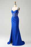 Sparkly Royal Blue Mermaid Beaded Corset Long Ball Dress with Slit