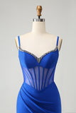 Sparkly Royal Blue Mermaid Beaded Corset Long Ball Dress with Slit