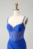 Sparkly Royal Blue Mermaid Beaded Corset Long Ball Dress with Slit