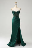 Sparkly Dark Green Mermaid Strapless Beaded Corset Long Ball Dress with Slit