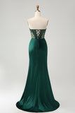 Sparkly Dark Green Mermaid Strapless Beaded Corset Long Ball Dress with Slit