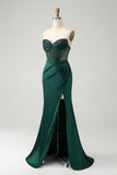 Sparkly Dark Green Mermaid Strapless Beaded Corset Long Ball Dress with Slit