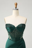 Sparkly Dark Green Mermaid Strapless Beaded Corset Long Ball Dress with Slit