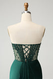 Sparkly Dark Green Mermaid Strapless Beaded Corset Long Ball Dress with Slit