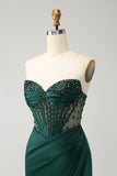 Sparkly Dark Green Mermaid Strapless Beaded Corset Long Ball Dress with Slit