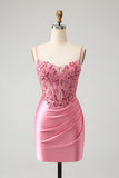 Sparkly Pink Tight Corset Spaghetti Straps Homecoming Dress with Appliques