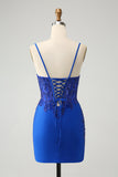 Sparkly Royal Blue Spaghetti Straps Tight Homecoming Dress with Beading