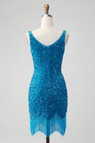 Sparkly Sage Bodycon V Neck Sequin Short Homecoming Dress with Tassel