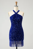 Sparkly Royal Blue Bodycon Halter Sequin Short Homecoming Dress with Tassel