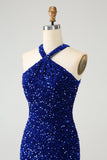 Sparkly Royal Blue Bodycon Halter Sequin Short Homecoming Dress with Tassel