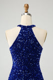 Sparkly Royal Blue Bodycon Halter Sequin Short Homecoming Dress with Tassel