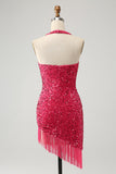 Sparkly Fuchsia Sequins Halter Short Bodycon Homecoming Dress with Tassels