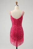 Fuchsia Sequins Spaghetti Straps Short Homecoming Dress with Tassels