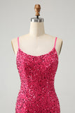 Fuchsia Sequins Spaghetti Straps Short Homecoming Dress with Tassels