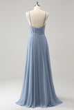 Grey Blue Chiffon Corset A Line Spaghetti Straps Pleated Long Bridesmaid Dress