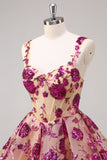 Sparkly Fuchsia A Line Corset Long Homecoming Dress with Sequins