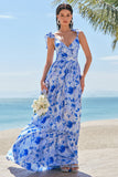 Off The Shoulder Blue Floral A Line Chiffon Bridesmaid Dress