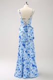 Blue Ruffled Floral Bridesmaid Dress with Slit