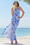 Blue Floral Chiffon Bridesmaid Dress with Ruffles