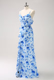 Blue Ruffled Floral Bridesmaid Dress with Slit