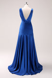 Ink Blue V-Neck Satin Bridesmaid Dress with Slit