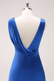 Ink Blue V-Neck Satin Bridesmaid Dress with Slit