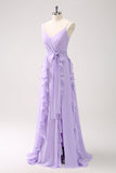 Lilac A-Line Chiffon Ruffled Bridesmaid Dress with Slit