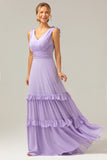 Lilac Chiffon A-Line Ruched Long Bridesmaid Dress with Ruffles