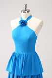 Blue Tiered Chiffon Bridesmaid Dress with Flower