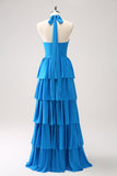 Blue Tiered Chiffon Bridesmaid Dress with Flower