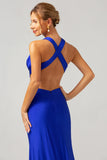 Royal Blue Mermaid V Neck Cut Out Ruched Long Bridesmaid Dress