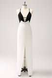 Black White Sheath Spaghetti Straps Long Ball Dress With Front Split