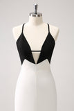 Black White Sheath Spaghetti Straps Long Ball Dress With Front Split