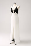 Black White Sheath Spaghetti Straps Long Ball Dress With Front Split