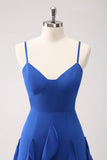 A-Line Dark Blue Spaghetti Straps Bridesmaid Dress with Ruffles