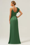 Olive Green Sheath Pleated Satin Long Bridesmaid Dress with Slit