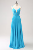 Peacock Blue A-Line Spaghetti Straps Bridesmaid Dress