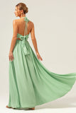 Light Green A Line Halter Backless Long Bridesmaid Dress with Lace Up Back