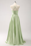 Light Green A-Line Halter Hollow Out Satin Bridesmaid Dress with Flower