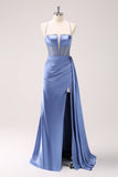 Sparkly Blue Spaghetti Straps Corset Ball Dress with Lace-Up Back