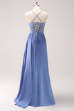 Sparkly Blue Spaghetti Straps Corset Ball Dress with Lace-Up Back