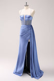 Sparkly Blue Spaghetti Straps Corset Ball Dress with Lace-Up Back