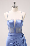 Sparkly Blue Spaghetti Straps Corset Ball Dress with Lace-Up Back