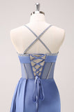 Sparkly Blue Spaghetti Straps Corset Ball Dress with Lace-Up Back