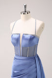 Sparkly Blue Spaghetti Straps Corset Ball Dress with Lace-Up Back