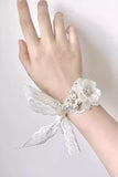 White Ceramic Flower Wrist Corsage with Lace Ribbon