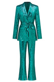 Sparkly Green Notched Lapel Sequins Women Suits with Belt