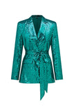 Sparkly Green Sequins Notched Lapel Women Suits with Belt